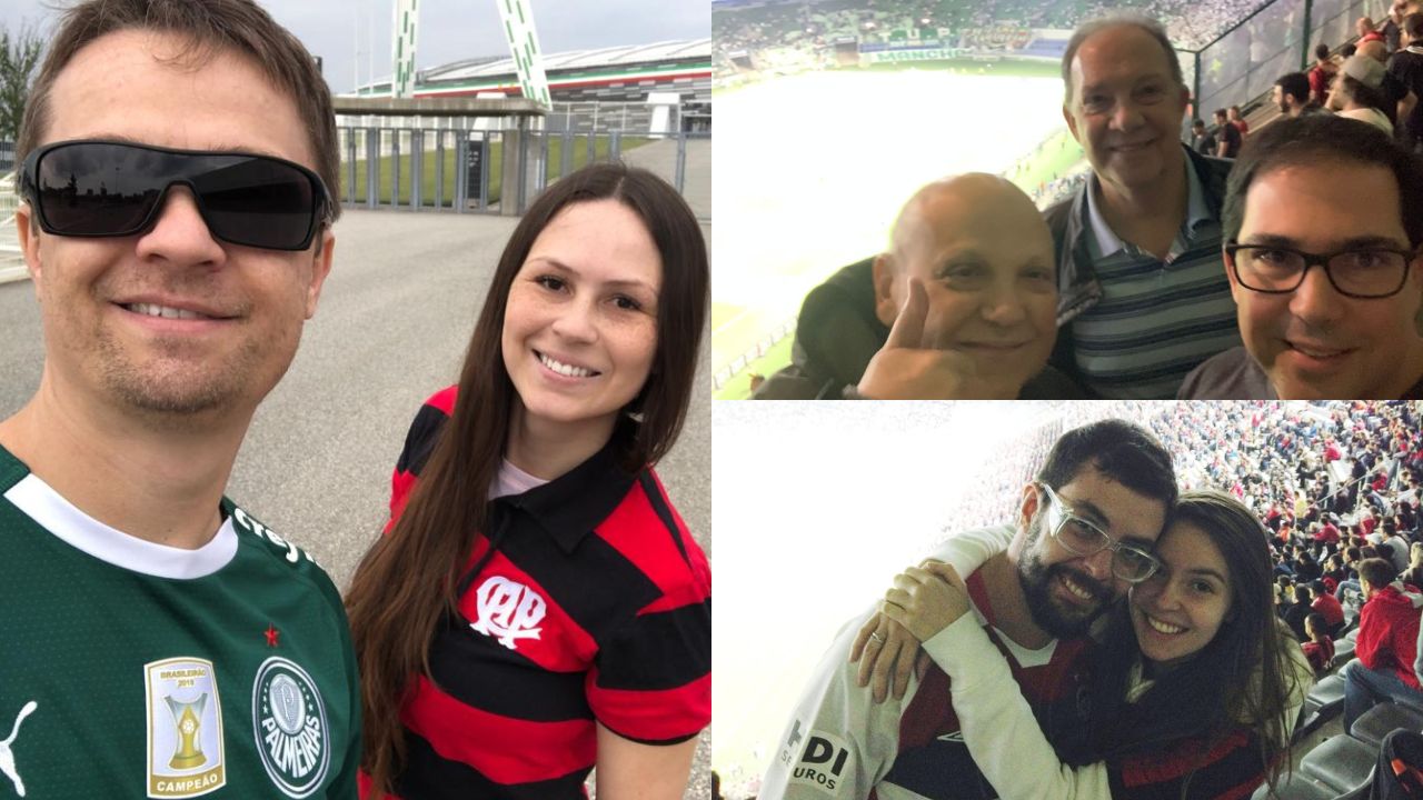 O casal Marcelo e Liliana, o atleticano Manoel Arantes, e pai e filha Julio Cesar e Camila